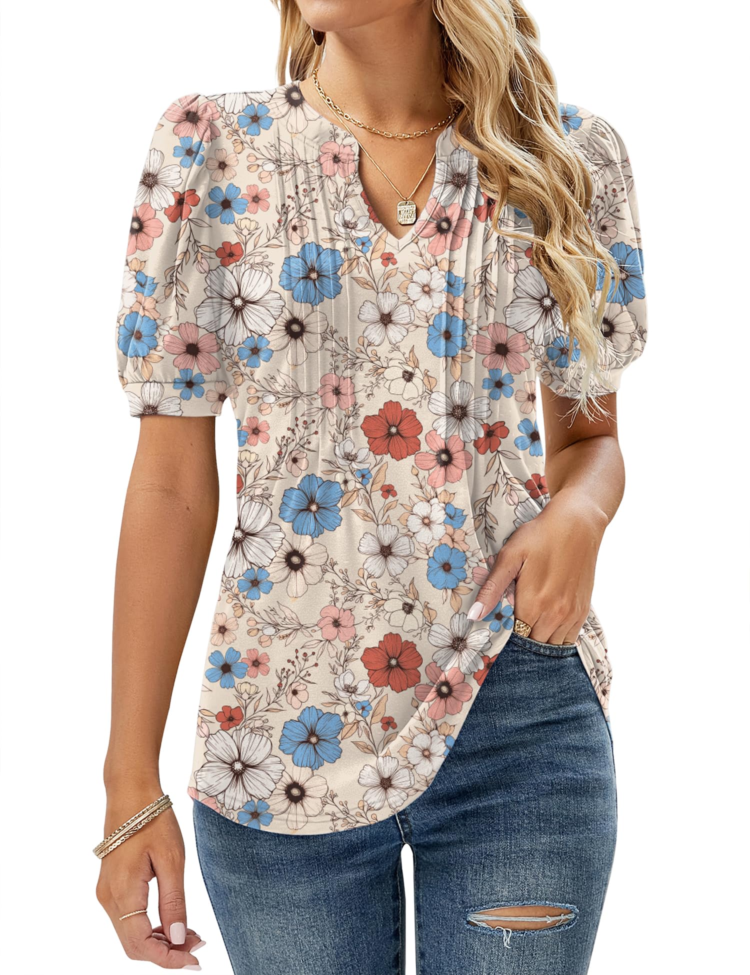 Womens V Neck Tops Puff Short Sleeve T-Shirt Pleated Floral Printed Tunic Blouse Shirts — view 39