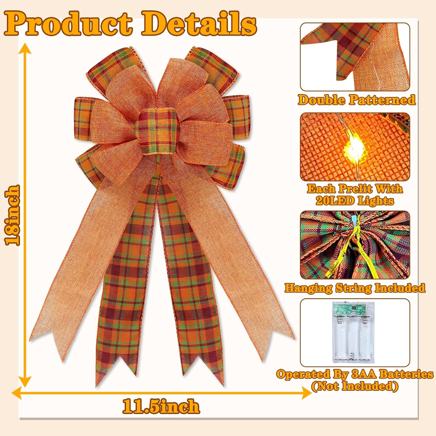 [ 2 Pack & Timer ] Prelit Fall Wreath Bows with 40 LED Lights Total, 18 Inch Orange Buffalo Burlap Plaid Bows for Wreath, Fall Bows Tree Topper Front Door Thanksgiving Home Decor Indoor Outdoor