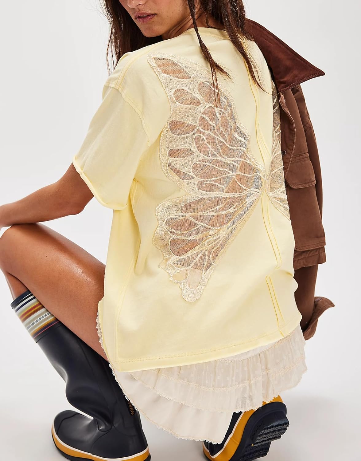 Women Sheer Butterfly T Shirt Short Sleeve Cut Out Back Tee Top Embroidered Oversized Tee Shirts Streetwear - Image 3