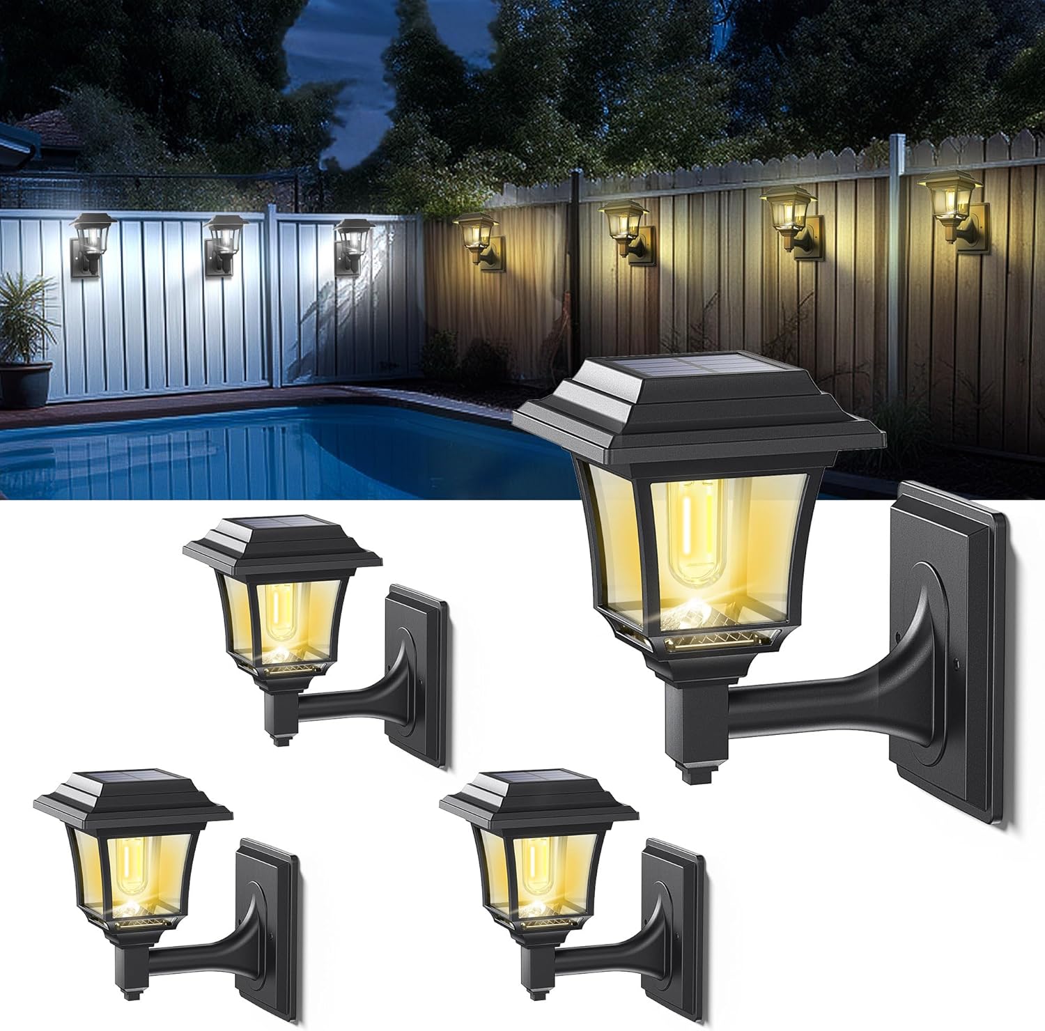LeiDrail Solar Fence Lights, 2 Modes Edison Bulb Solar Wall Lights, Outdoor Playhouse Accessories, Waterproof Warm/Cold White LED 15 LM Outdoor Decor Wall Lights for Garden Patio Yard Black (4 Pack)