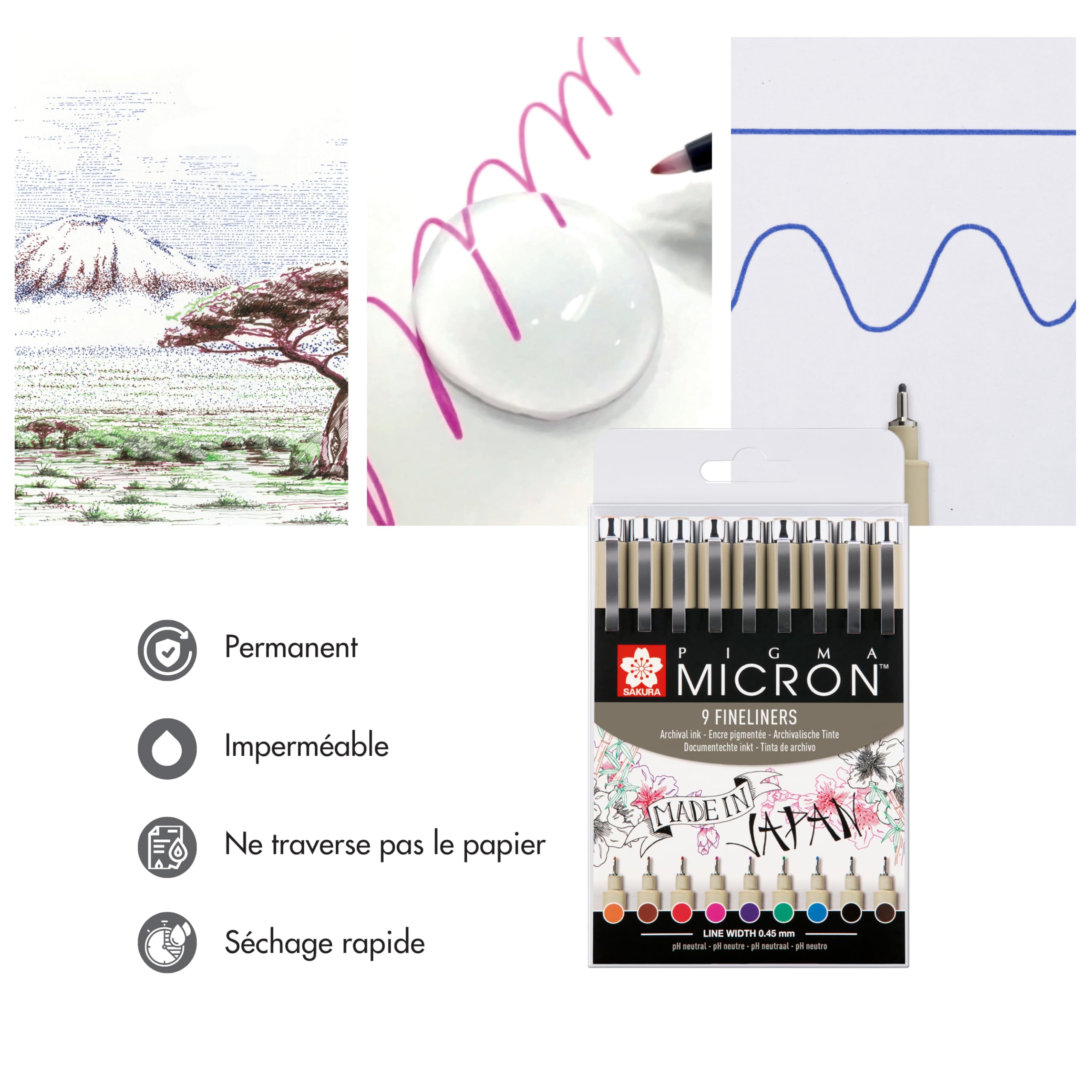 SAKURA Pigma Micron 05 Pointe Callibrée Set de 9 couleurs | Encre résistante à l'eau, taille 05 (0.45 mm) | Stylos pour l'écriture, le dessin et le journaling