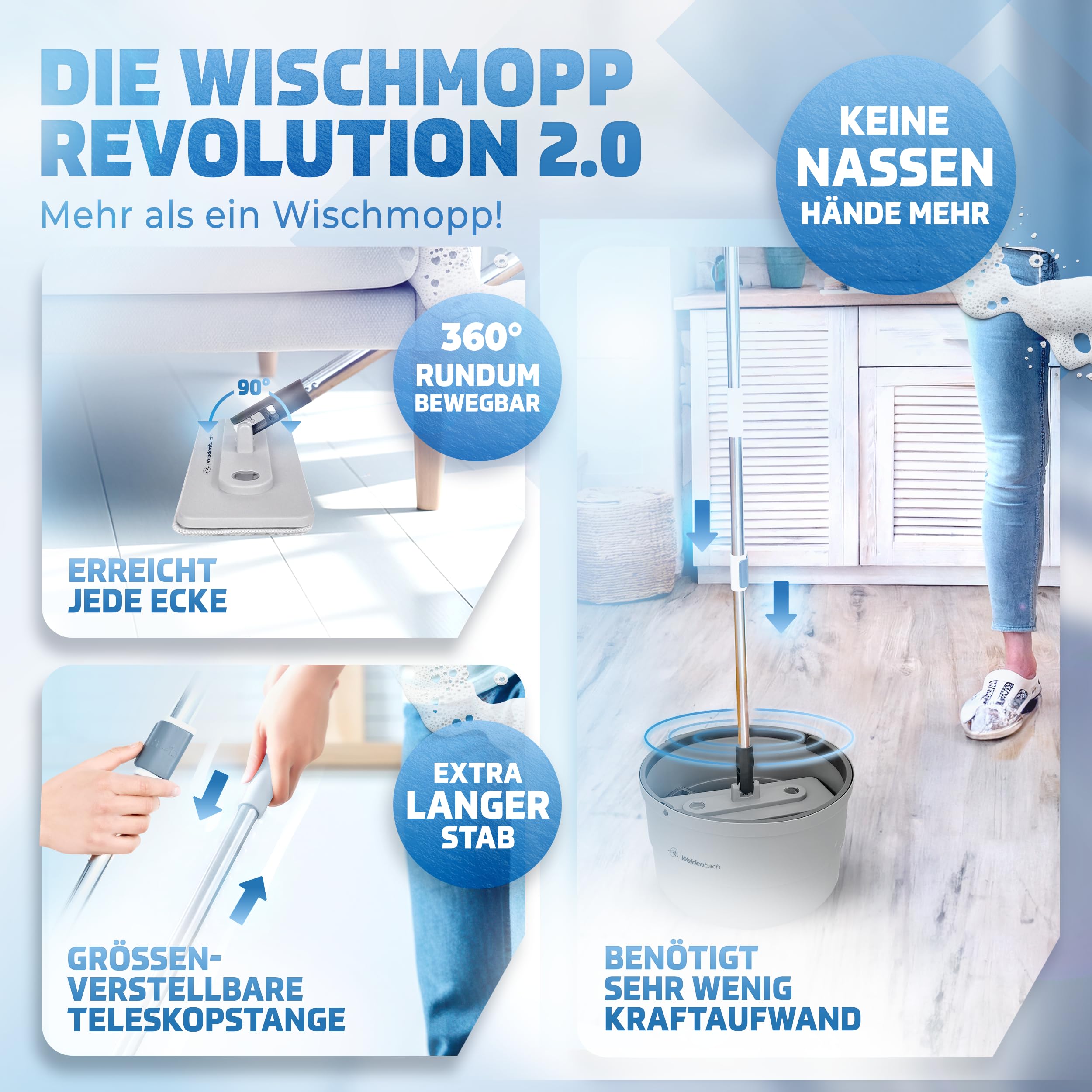 Weidenbach Juego de fregona con cubo XL, sistema de 2 cámaras para una separación limpia de la suciedad y el agua dulce, mopa para una limpieza eficiente, función de escurridor (gris XL)