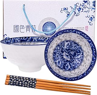 Chinese Blue and White Rice Bowl and Chopsticks Set Ceramic Sushi Bowls for Soup Snack (2 Pieces)