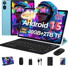 Widevine L1 10 Inch Android 15 Tablet with 30GB RAM + 2TB ROM Ext | FHD 8 Cores 6000mAh 5G Wi-Fi GPS USB-C BT 5.0 Gemini AI Touch Tablet with Keyboard and Mouse - Blue