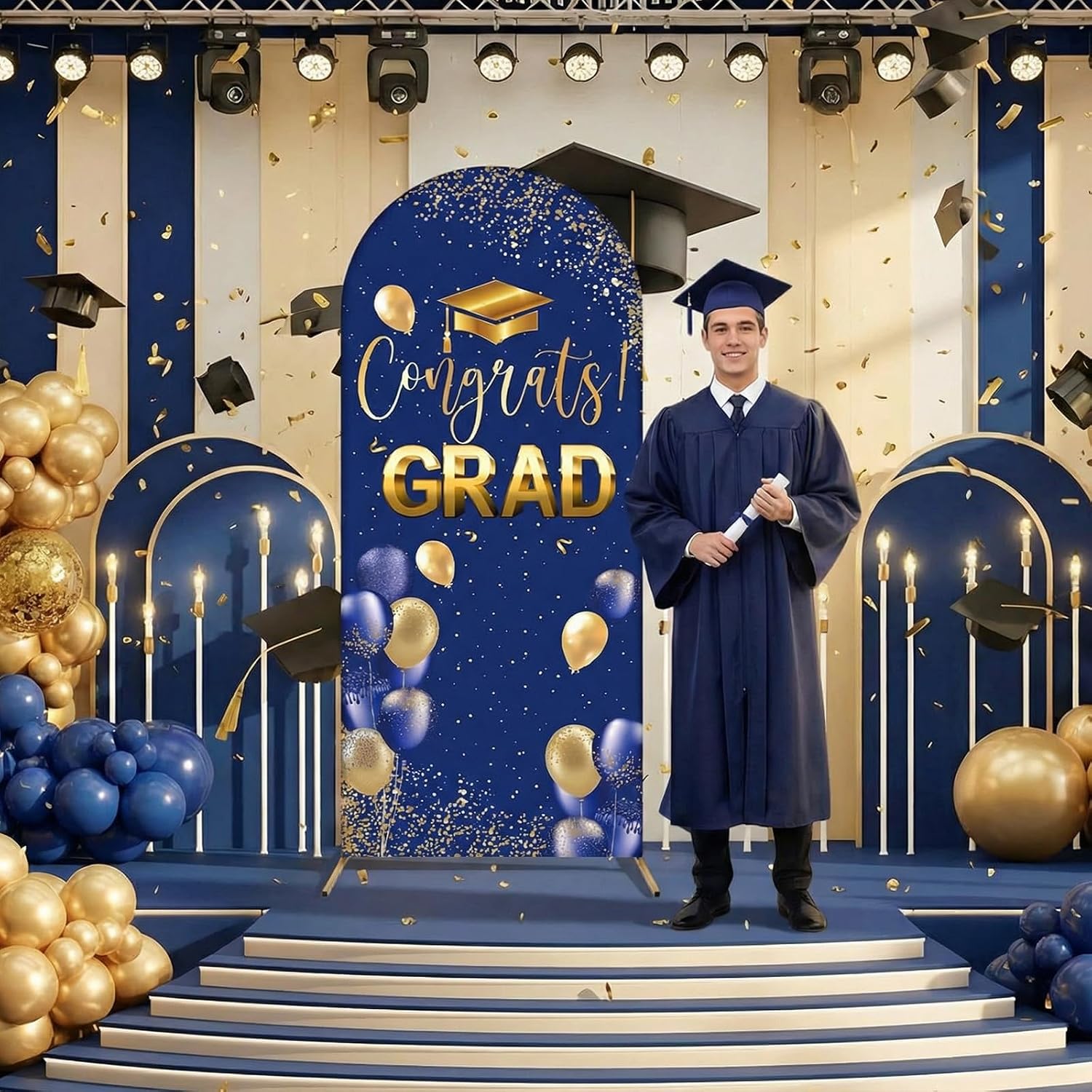 Tingjoo Blue Gold 2026 Graduation Decoration Class of 2026 6.6 ft Arch Backdrop Cover Spandex Photo Background Decor Double-Sided Round Top Backdrop Congrats Grad Decor for Graduation image 3