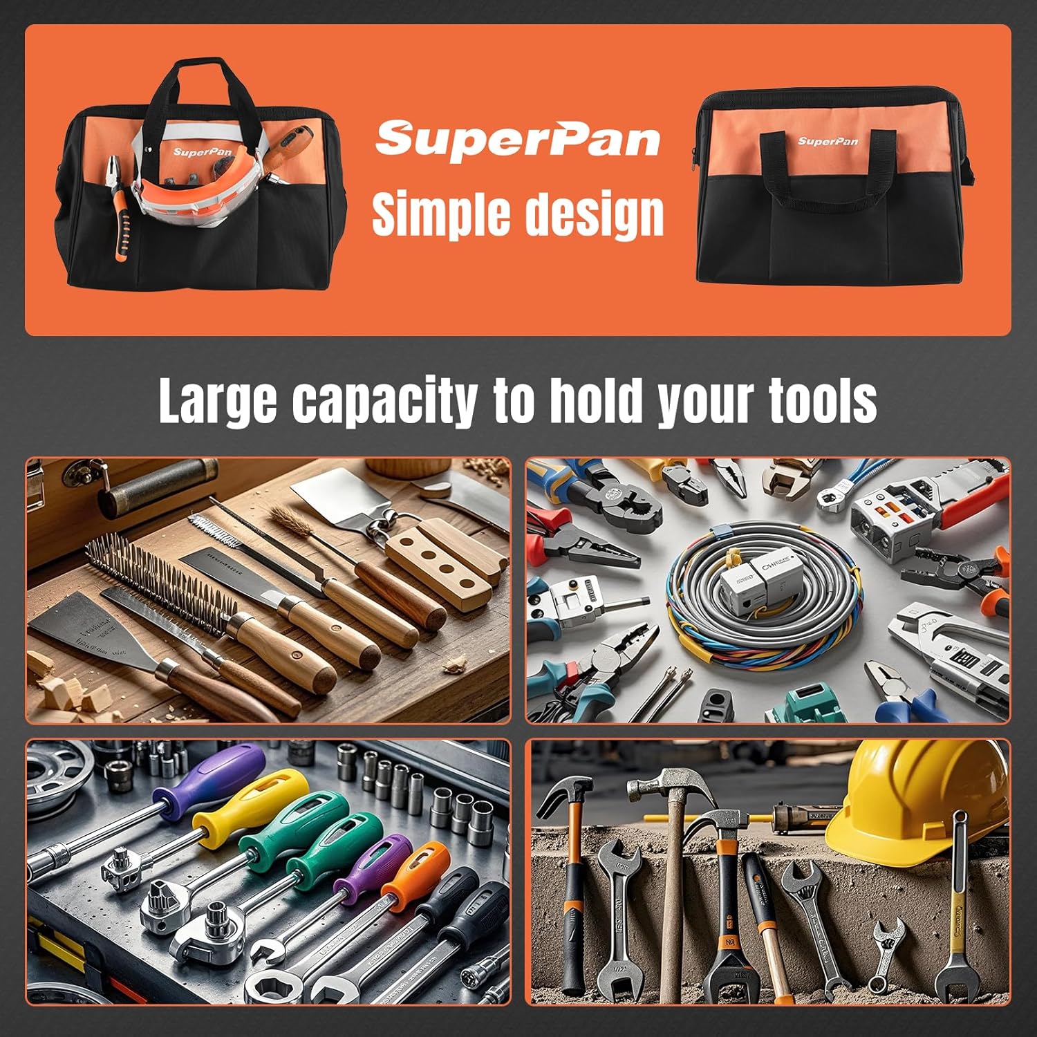 15-Inch Heavy Duty Tool Bag, Portable Empty Tool Box Organizer Storage, Toolbox Organization, Soft Handle Carrying Toolbag with Large Zipper, 40lb (Orange)