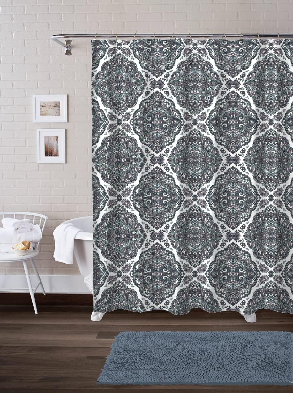 Pure Bath Modern Leaves 14 Piece Set with Shower Curtain, 12 Rollerball Hooks and 18"x28" Noodle Bath Rug : Home & Kitchen