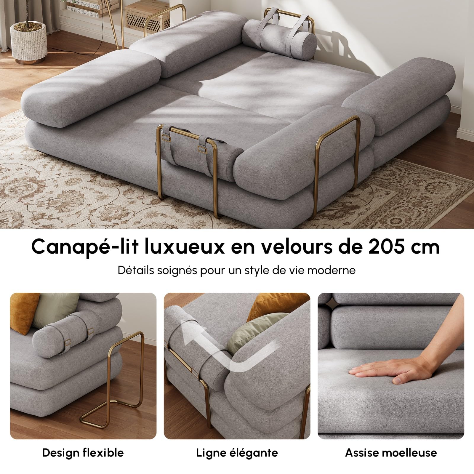 Homary Schlafsofa mit Schlaffunktion Klappbares, Samtbezug Sofa Bed Klappbett, 3-Sitzer Big Sofa 206 cm, Moderne Weiße Sofa mit Nackenkissen, Sofas & Couches für Wohnzimmer, Gästezimmer (Hellgrau)