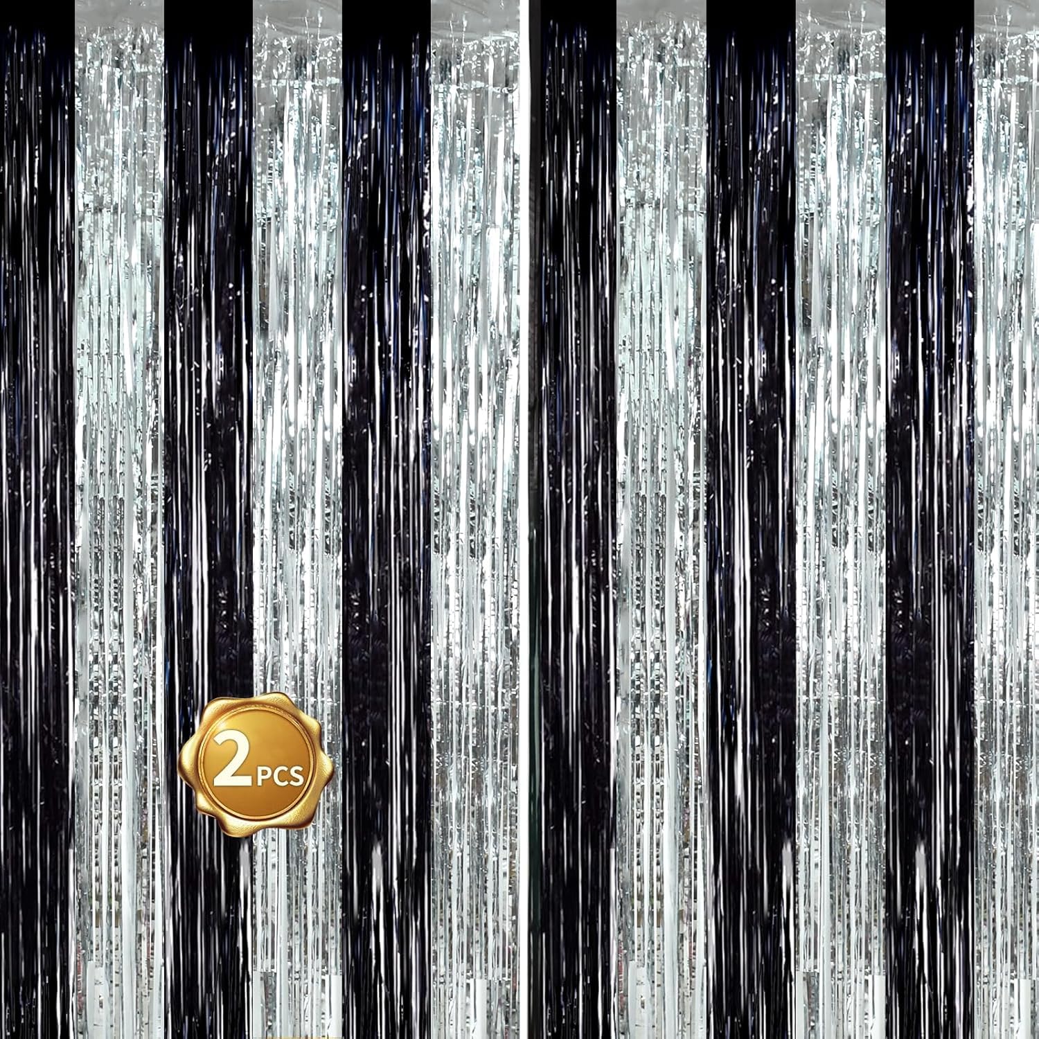 RIBBOOO 2 Pcs Black Sliver Foil Fringe Tinsel Curtains, Metallic Glitter Curtain, door streamers for Graduation Stage, Birthday Wedding Baby Shower, Christmas Party Decoration (3.28 ft x 6.56 ft)