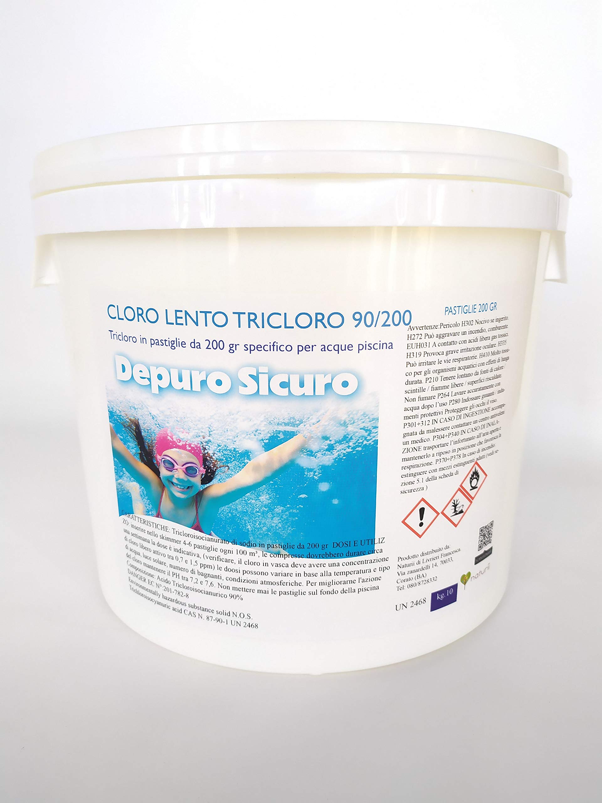 Depuro Sicuro kg 10 Cloro Lento, tricloro 90/200 compresse Pastiglioni da 200 gr, cloro attivo 90%