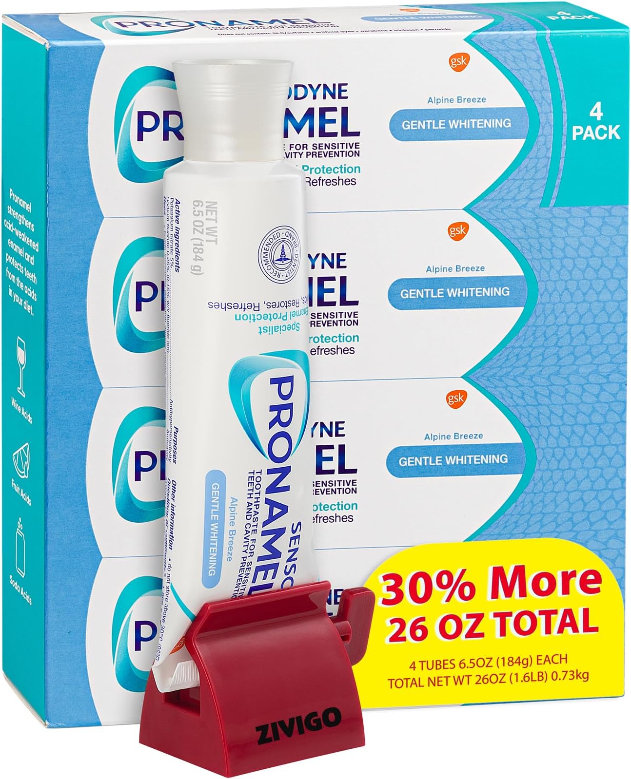 4 SensodynePro Enamel Gentle Teeth Whitening, Enamel Toothpaste for Sensitive Teeth, 4 Large Tubes of 6.5 oz (Total 26 oz) Bundle with Zivigo-Toothpaste Squeezer, Colors May Vary.