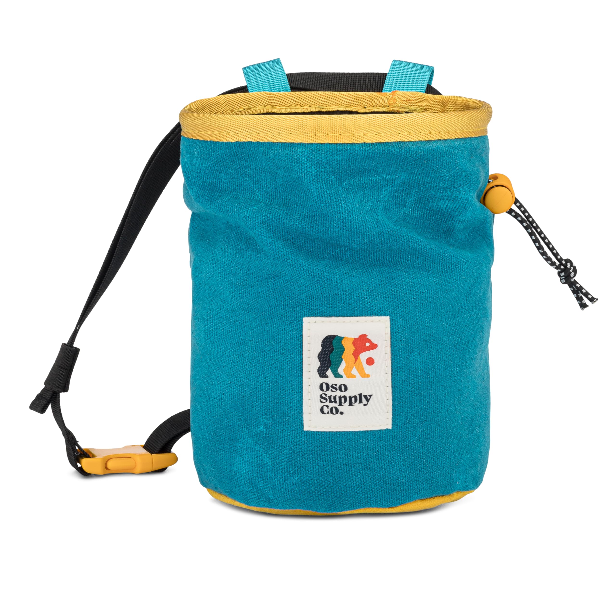 Oso Supply Co - Cascadia Waxed Canvas Chalk Bag - Zipper Pocket & Mesh Pouch for Bouldering, Rock Climbing, Gym, Weightlifting – Water-Resistant, Adjustable Belt, Wide Opening (Blue/Gold)