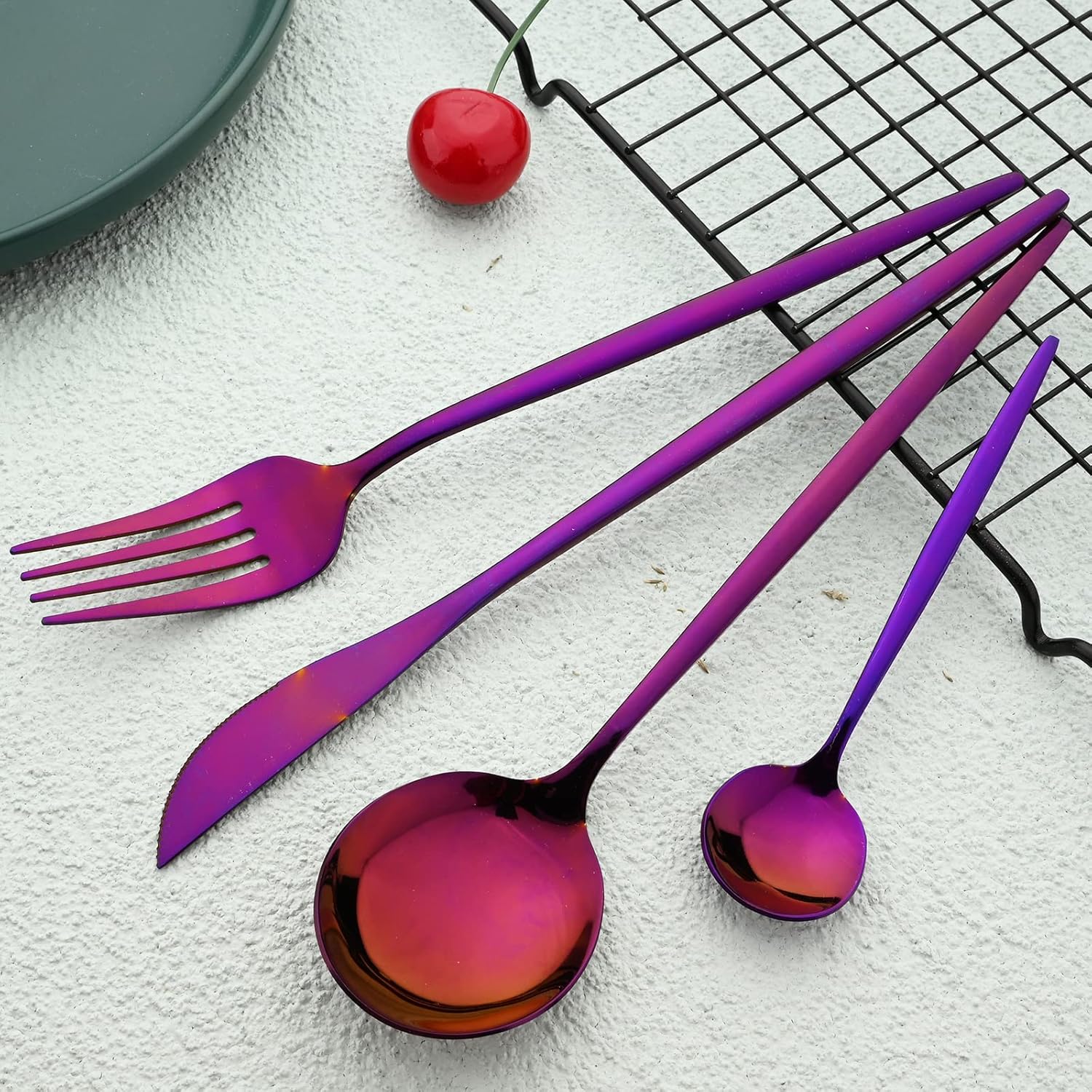 24pcs Silverware Flatware Sets, Mirrored Stainless Steel Cutlery Set, Spoons Forks Knives, Modern Design,service for 6 - Purple