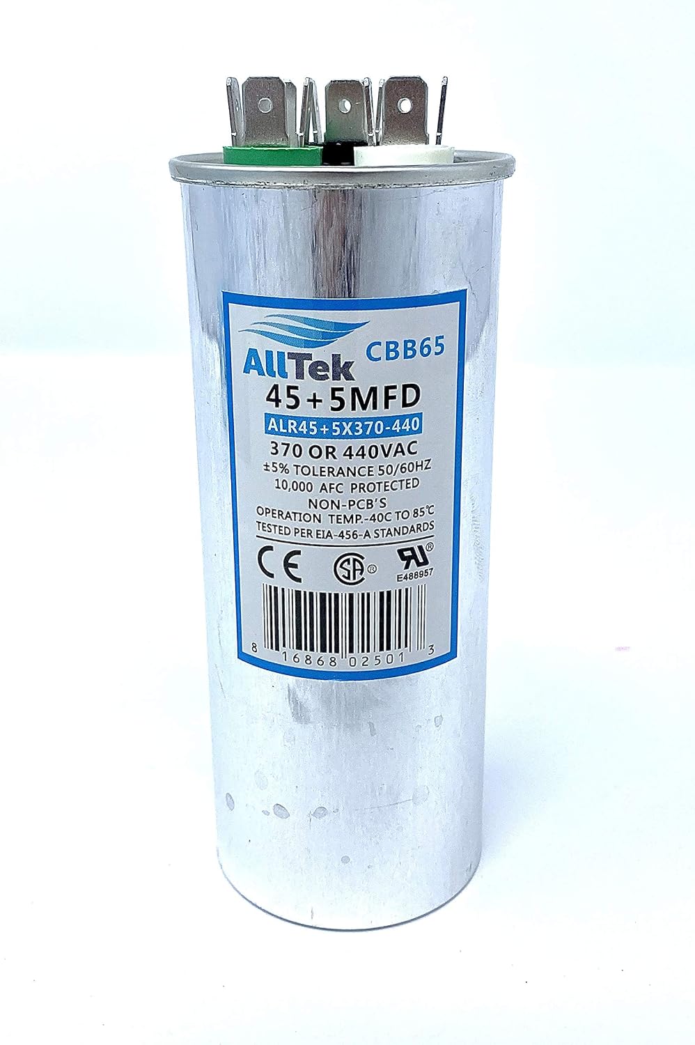 AllTek 45+5 MFD 45/5 uf 370 or 440 Volt Dual Run Round Capacitor for Condenser Straight Cool or Heat Pump Air Conditioner - 5 Year No Hassle Warranty