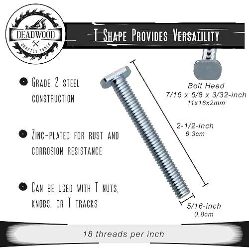 Miniatura 2 de DCT - Juego de 20 pernos en T de 2-12 pulgadas para carpintería, pernos de riel en T, pernos de plantilla de 516 pulgadas, 18 roscas