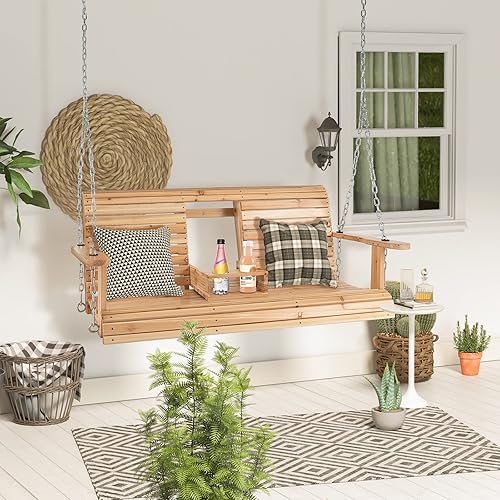 Miniatura 2 de Tangkula Columpio colgante para porche para 2 personas, columpio de banco al aire libre con cadenas ajustables, portavasos plegables, respaldo alto,