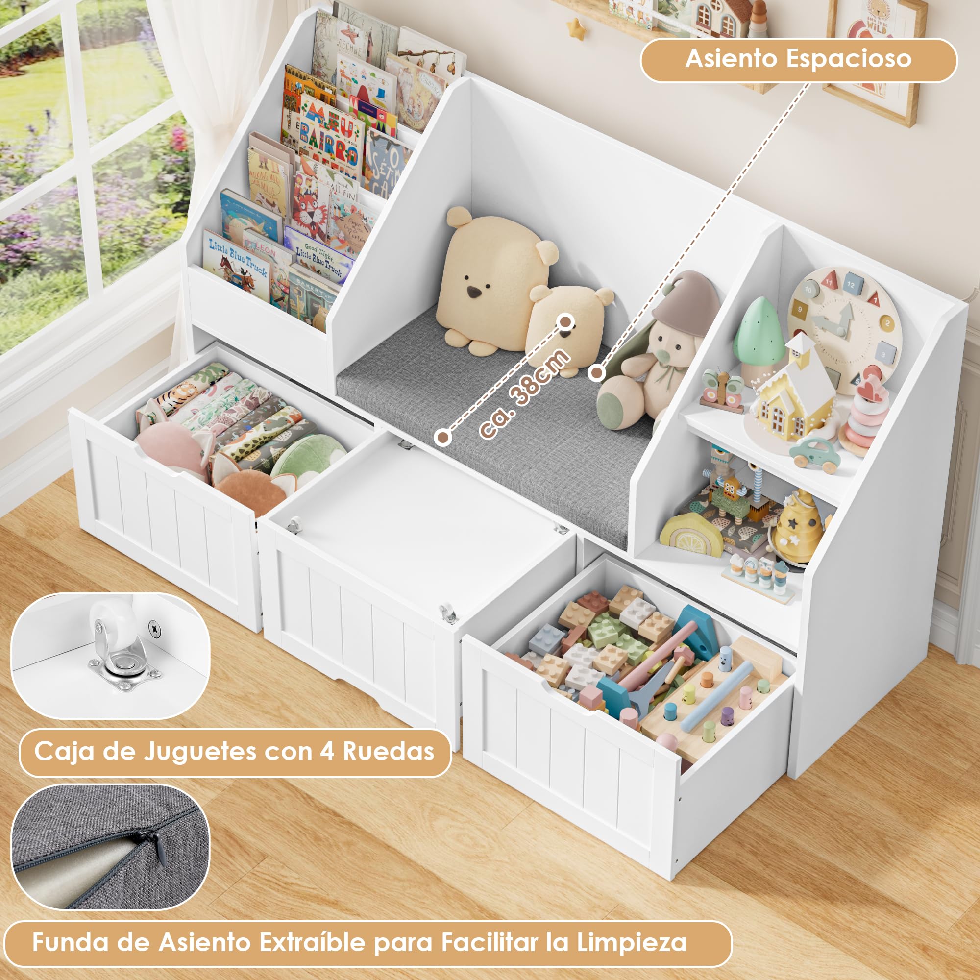 FOREHILL 140cmAn. Organizador de Juguetes y Banco Infantil 2 en 1 con Cojín | Mueble Almacenaje Juguetes, Estantería Infantil con Asiento, 3 Cajones con Ruedas para Habitación Infantil Blanco 140x40x80cm