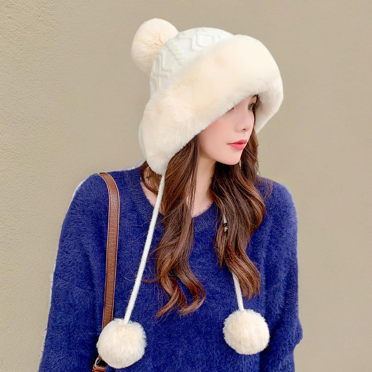 Peicees Womens Fur Hats with Pompom for Winter Warm Knit Beanie Skull Cap Russian Ushanka Trapper Hat with Ear Cover