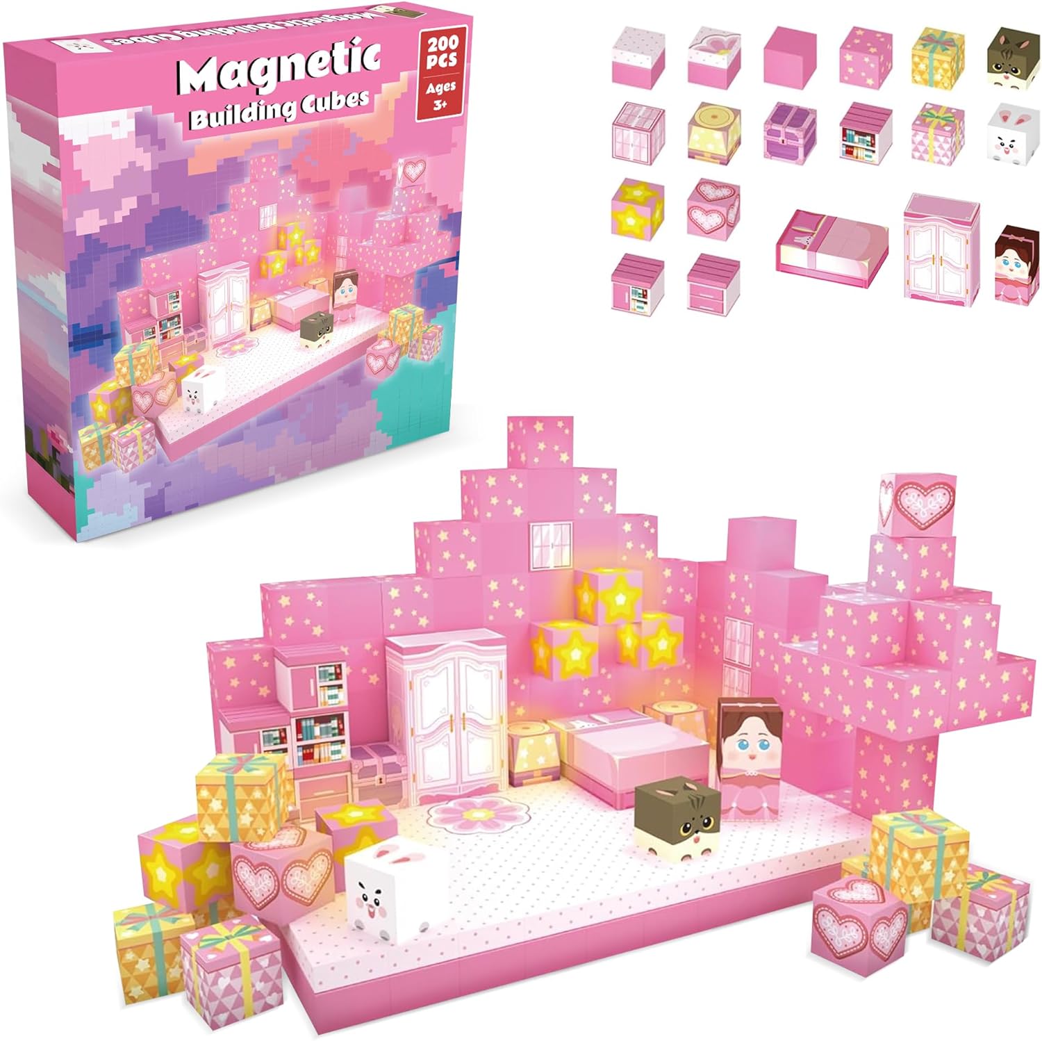 Magnetic Building Cubes 200 PCS, Magnetic Blocks Toy Set for Kids Ages 3+, Creative Construction Cubes with Light-Up Blocks for Building Scenes, Houses and Imaginative Play