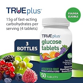 TRUEplus Glucose Tablets, Chewable, Grape, Raspberry, Orange Flavors, 15g Fast-Acting Carbohydrates, Fat Free, Gluten Free, Raise Low Blood Sugar and Boost Energy, 50 Count