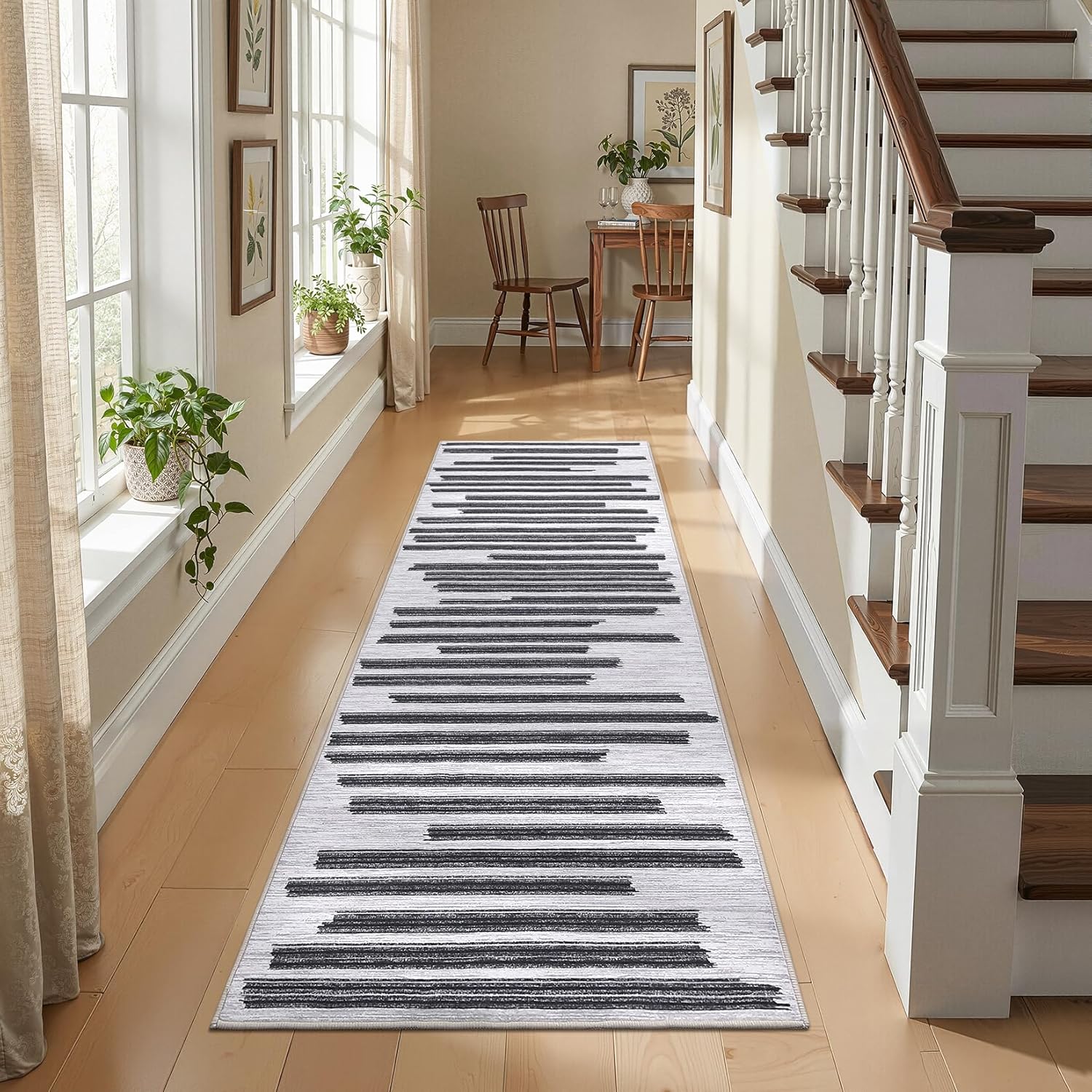 GarveeHome Beige Black 2x6 Runner Rug for Hallway: Modern Striped Non Slip Hallway Washable Runner Rug Low Pile Non-Slip Washable Carpet for Kitchen Striped Modern Soft Stain Resistant Carpet.