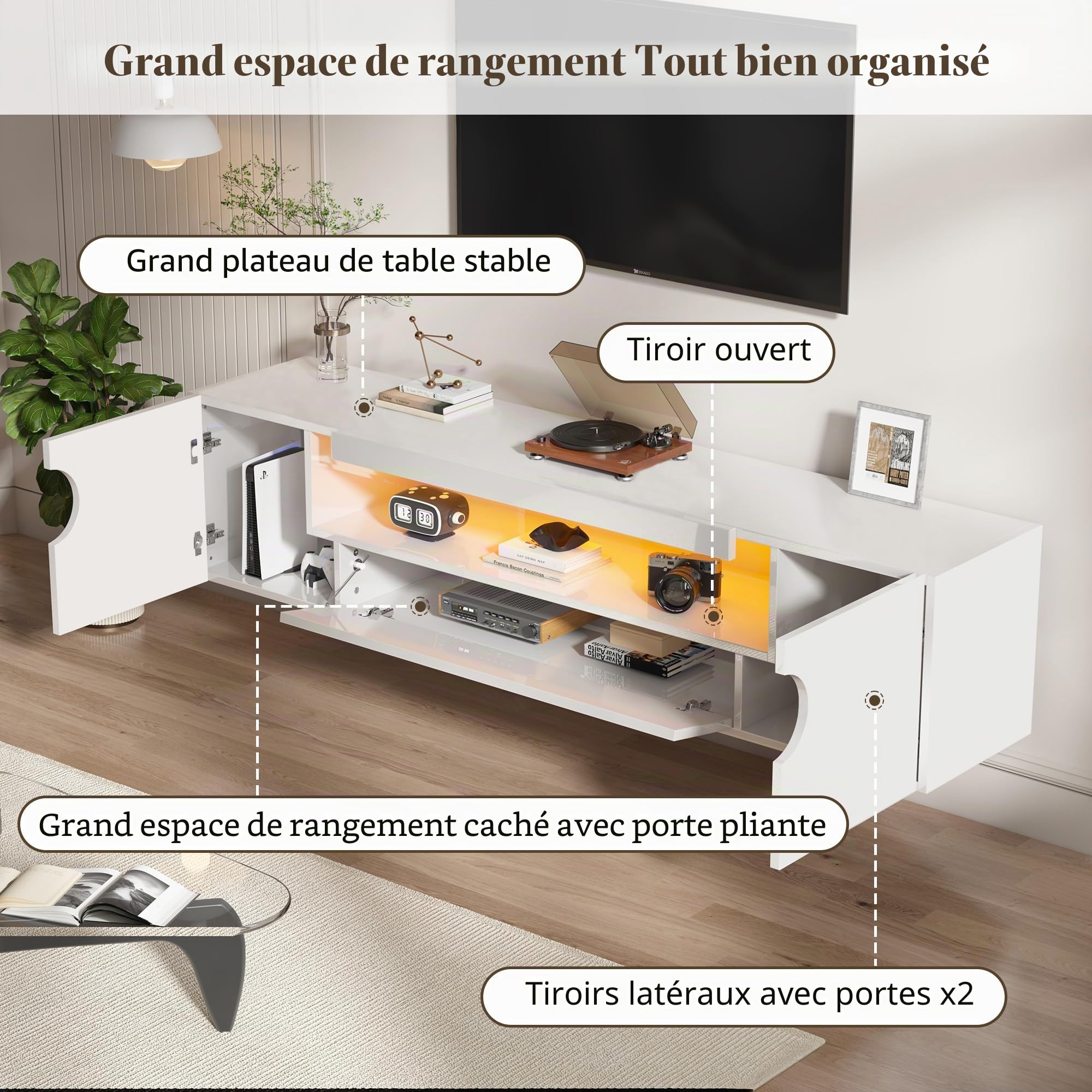 LUXOAK Meuble TV Suspendu 160 cm, Meuble TV Blanc Brillant avec LED RGB, Meuble Télé Suspendu pour 55–75 Pouces, Support TV Mural avec Rangement et Gestion des Câbles