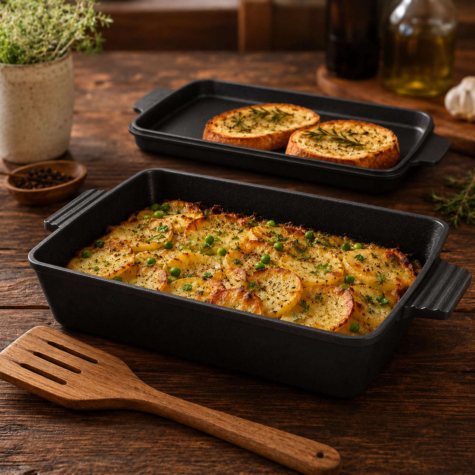 2-in-1 Gusseisen Bräter mit Pfannendeckel, 6L Rechteckige Backform und Grillpfanne Set, Eingebrannt Robust und Langlebig Auflaufform für Sauerteig Brot, Braten, Induktionsgeeignet & Camping