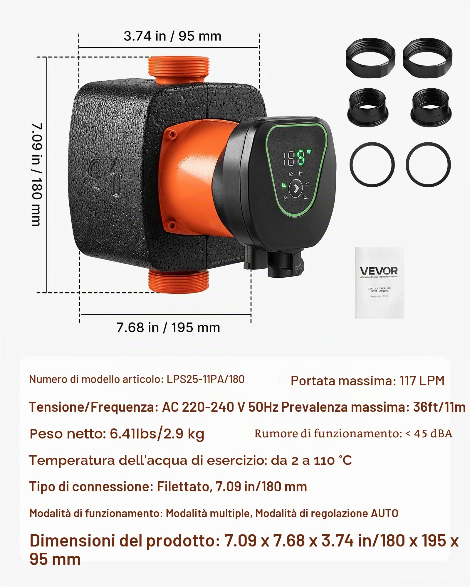 VEVOR Pompa di Circolazione ad Alta Efficienza LPS25-11PA/180, 117 LPM, per Acqua Calda in Ghisa con Prevalenza Massima di 11 M, Attacco Filettato, per Impianto di Riscaldamento