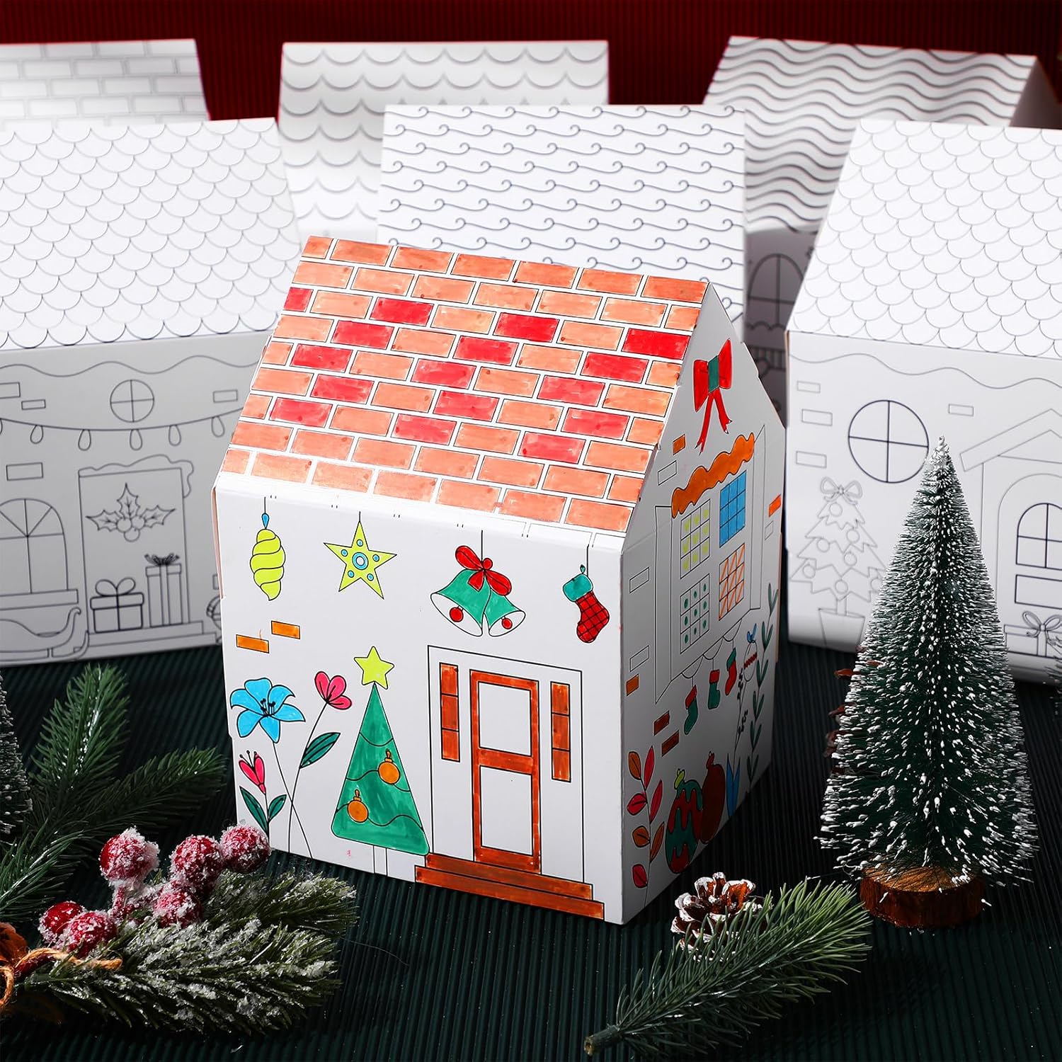 Watersay 12 Pcs Christmas Paper Coloring Houses DIY Craft Color Your Own Cardboard Houses Personalize a Cardboard House Xmas Holiday Party Favors Gifts for Girls Boys Classroom Home School