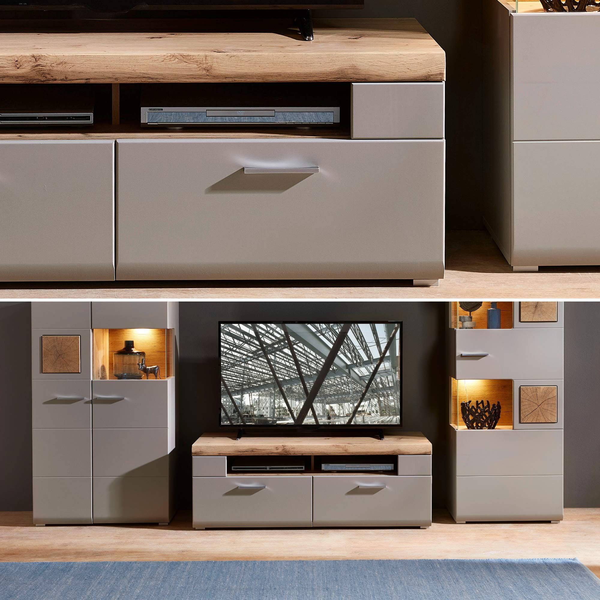 Stella Trading Plus 2 Mueble de TV en basalto con Bonita decoración de Roble Superior – Tabla Baja salón – 140 x 51 x 47 cm (Ancho x Alto x Profundidad)
