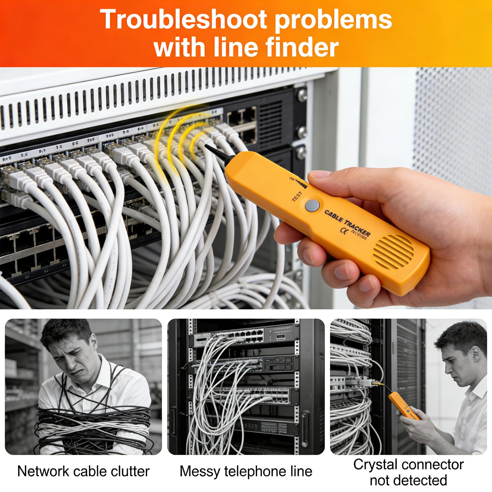 Tracker kablowy, baterie nie wchodzą w zakres dostawy, RJ11 tracer kablowy, antyzakłóceniowy, wielofunkcyjny, regulowana głośność, tester sieci z generatorem dźwięku i zestawem próbnym do wyszukiwania