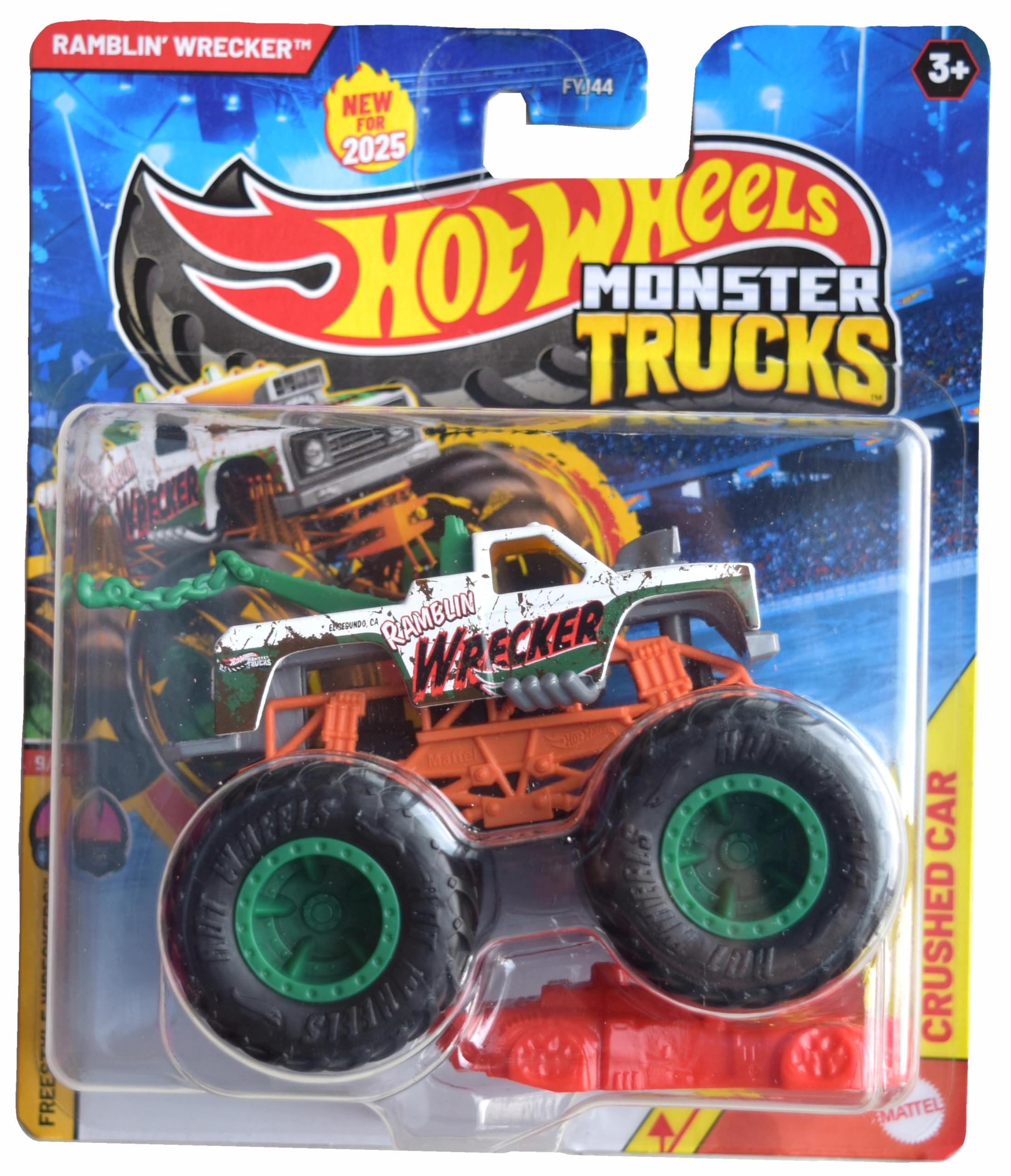 Hot Wheels Monster Trucks Ramblin Wrecker, Freestyle Wreckers 9/12 Includes Crushed car 1:64 Scale die cast