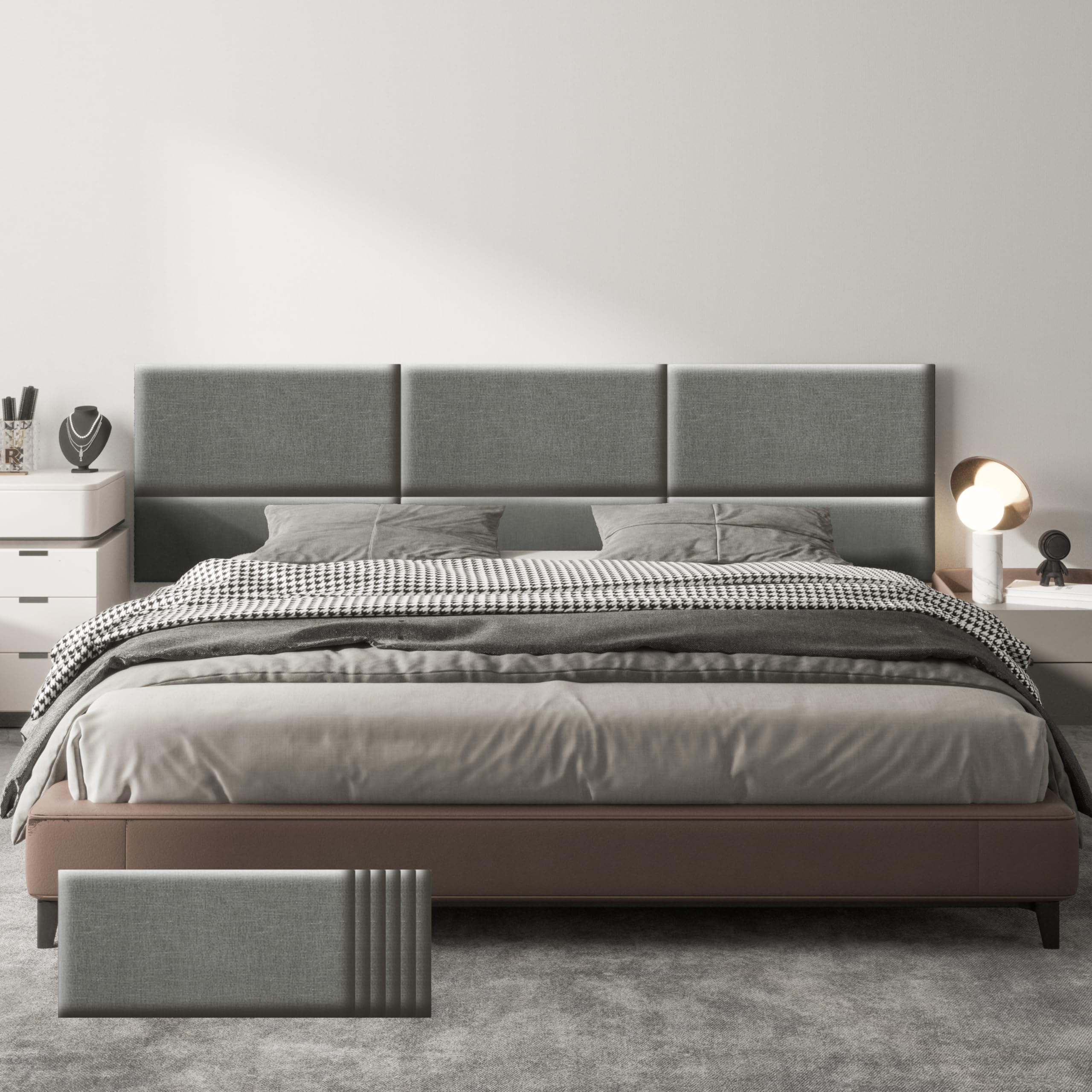 Set di 6 pannelli murali imbottiti e adesivi in lino - Testata letto 3D insonorizzata con schiuma - Per camera da letto, soggiorno, ufficio - Grigio - 60 x 30 cm