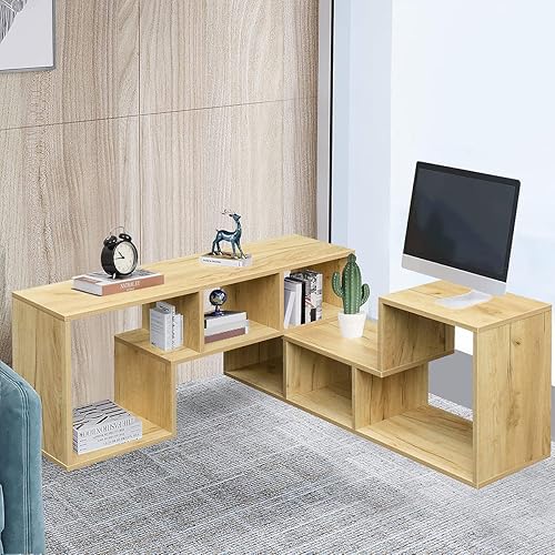 Miniatura 8 de Recaceik Estantería de 2 estantes en forma de L, soporte para consola de TV, centro de entretenimiento moderno con estantes de almacenamiento