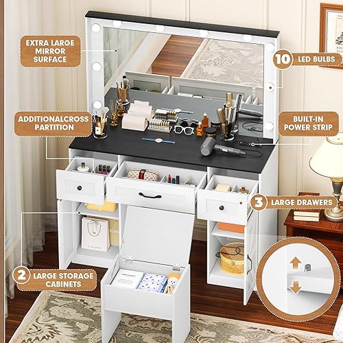 Miniatura 41 de Greenvelly Escritorio de maquillaje blanco con espejo, maquillaje de madera con 3 modos de iluminación, 2 cajones espaciosos y 6 compartimentos de