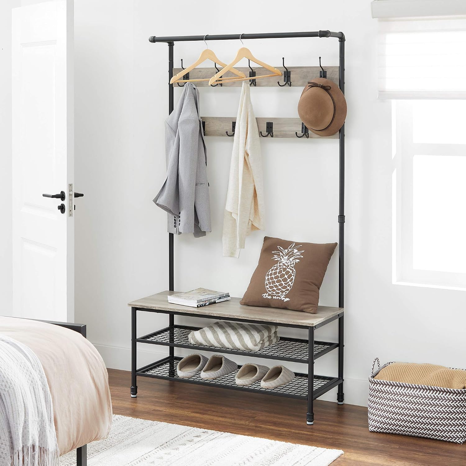 VASAGLE Industrial Coat Shoe Rack Hall Tree with 9 Hooks, Steel Frame Pipe Style, 39.4 x 16.3 x 71.7 inches, Greige