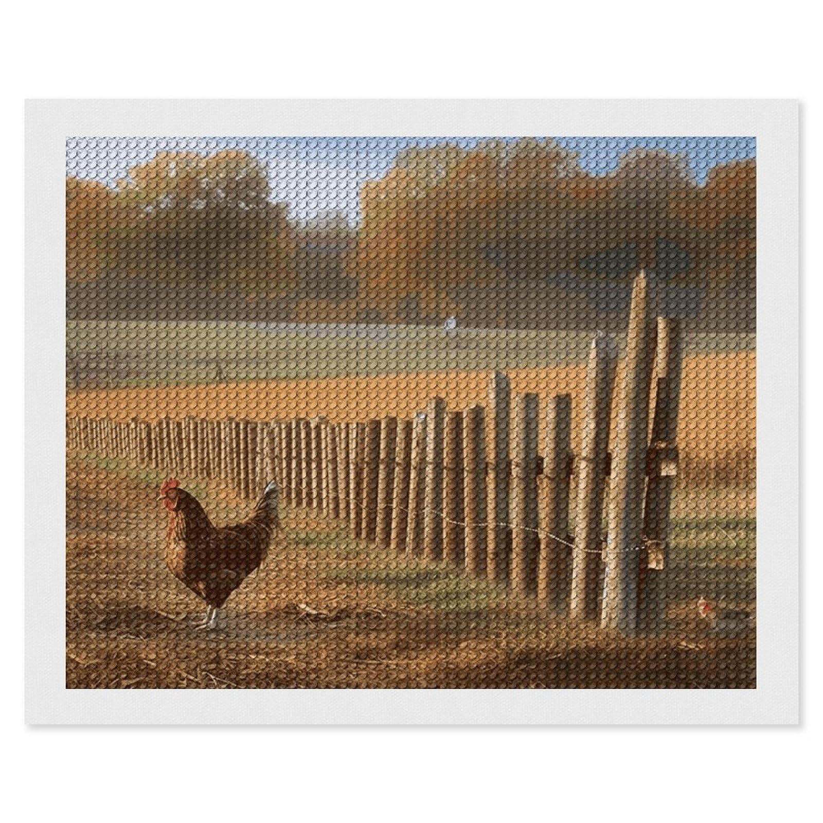 Chicken Wood Stake Farmland Diamond Art Kits for Adults, DIY 5D Diamonds Painting Kits for Beginner, Round Full Drill Diamond Dots Painting, 16"x20" Diamonds Pictures Gem Art and Crafts Wall Decor