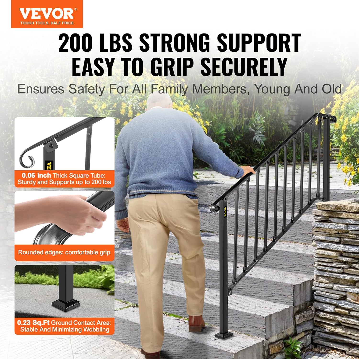 Image of an elderly man using the Happybuy handrail on outdoor steps