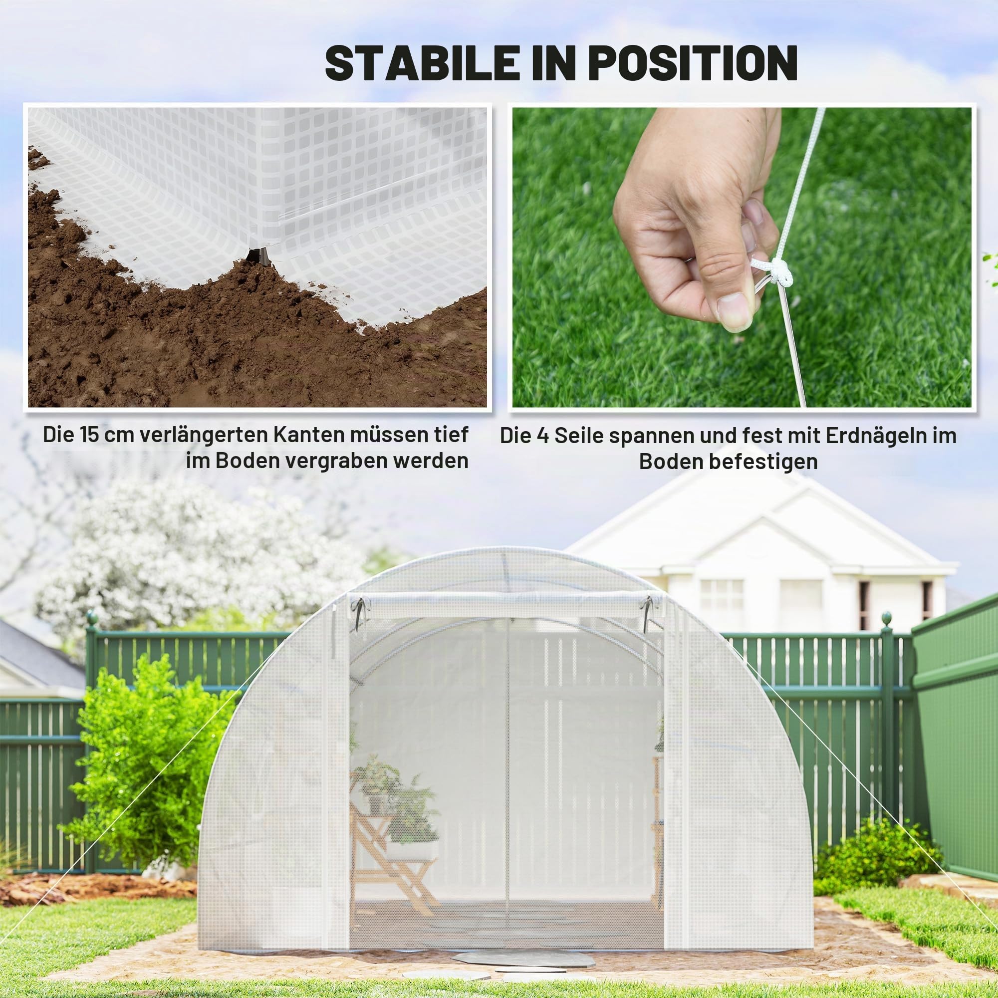 Outsunny Gewächshaus Foliengewächshaus 4x3x2m Winterfest Tomatenhaus mit 6 Aufrollbar Natzfenstern & Tür, Stahlrohr, PE Folie, stabil Folientunnel Pflanztunnel für Garten Weiß