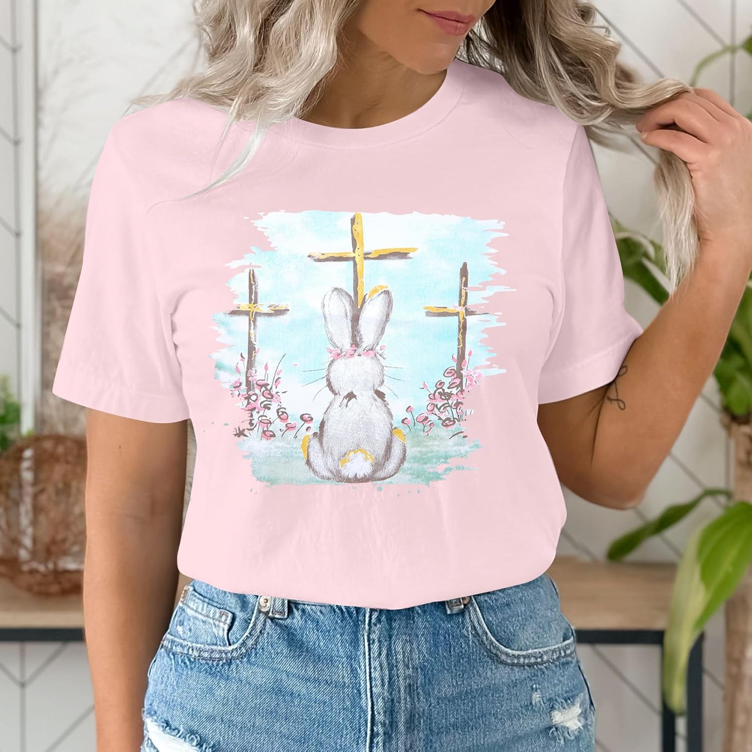 Easter Shirts for Women Rabbit Bunny Eggs T Shirt Happy Easter Day Graphic Short Sleeve Tee Tops - Image 2