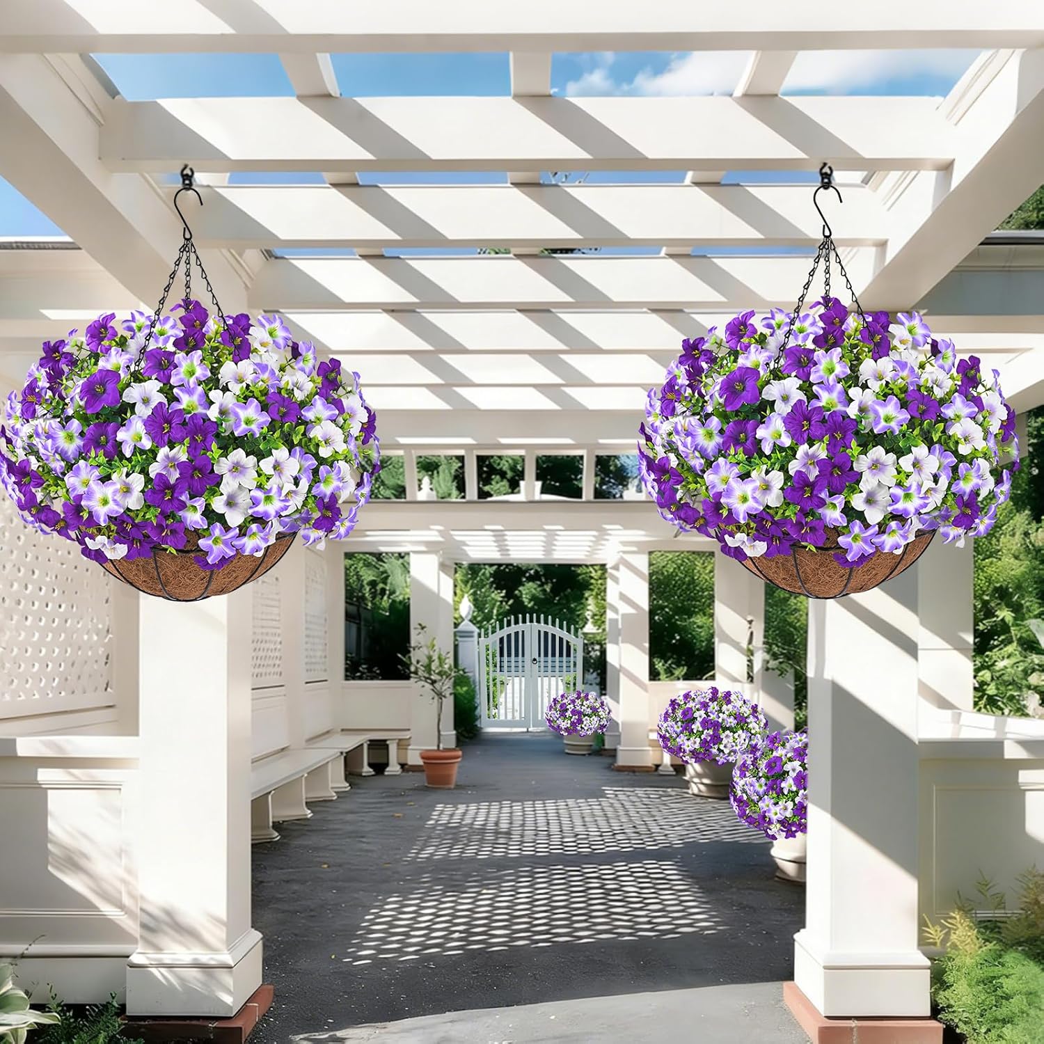 Realistic Artificial Hanging Flowers for Outdoors with Basket, 2 Set Large Size UV Resistant Artificial Outdoor Flowers, Full Faux Outdoor Flowers Fake Hanging Flowers for Porch, Front Door, Garden