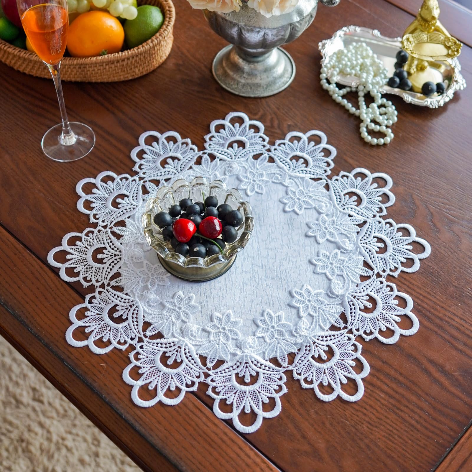 ARTABLE Lace Doily Placemats Round Lace Place Doilies Embroidered Flower Cup Mat Vase Mat for Table Topper Home Decoration Dinner Table (16''Round, White)