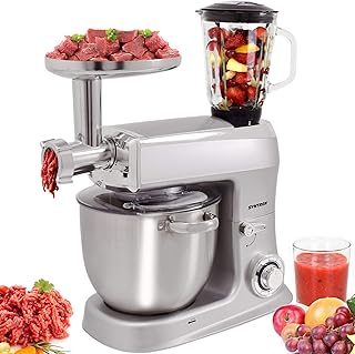 Syntrox Germany Robot kuchenny 1500 W, maszyna do ugniatania z maszynką do mięsa, pojemnik ze stali nierdzewnej, 7,5 l, srebrny