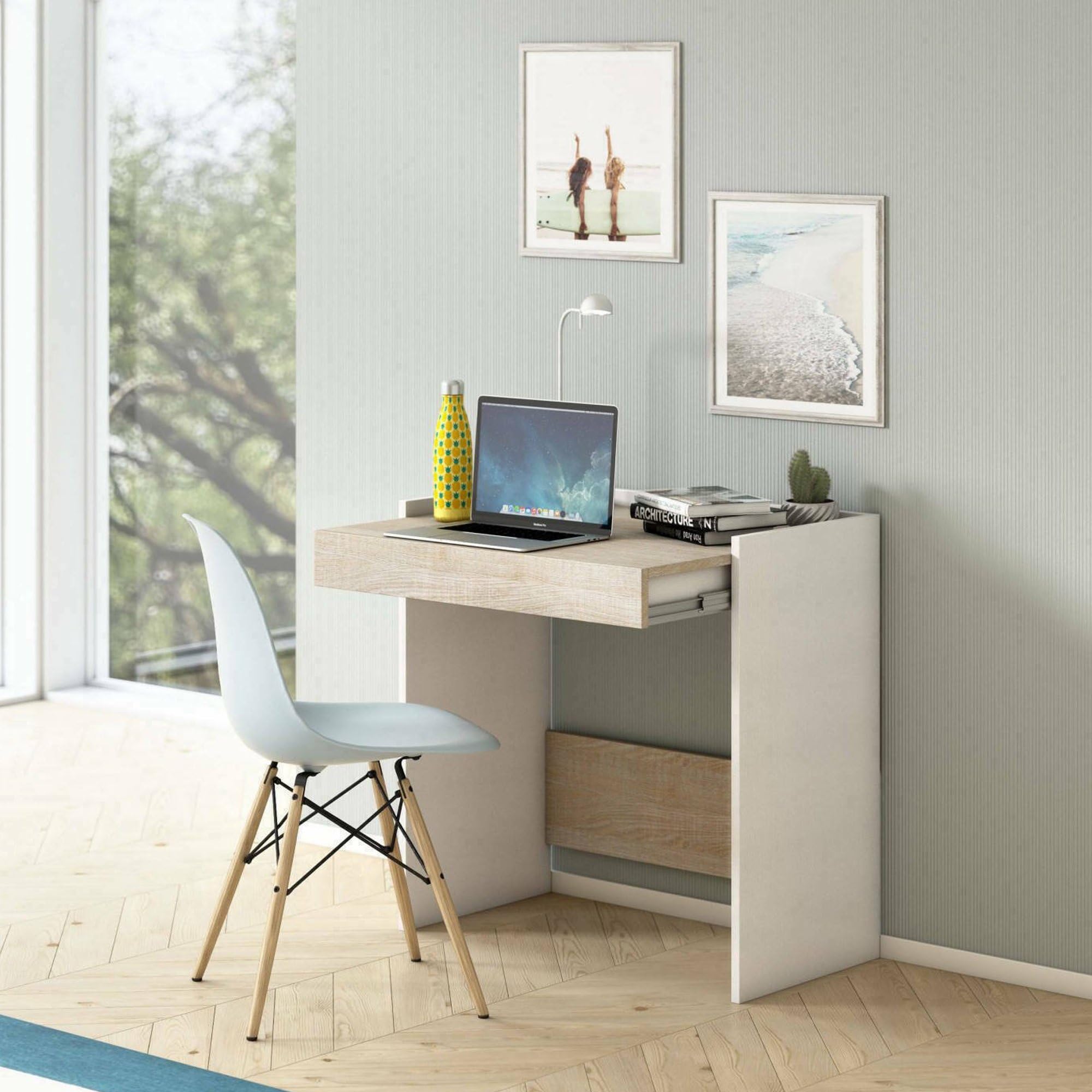 Dmora - Scrivania Clematide, Scrittoio moderno con cassetto, Tavolo da studio o ufficio porta PC portalibri, 100% Made in Italy, 80x40h79 cm, Bianco e Rovere