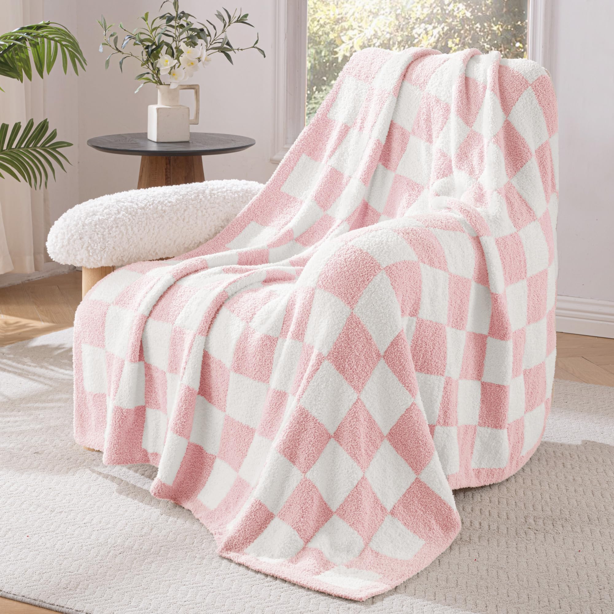 Exclusivo Mezcla Karierte Decke, Weiche Gestrickte Kuscheldecke, Kuschelige Karo Fleecedecke, Leichte Flauschige Decke für Sofa und Bett, 130x150 cm, Rosa