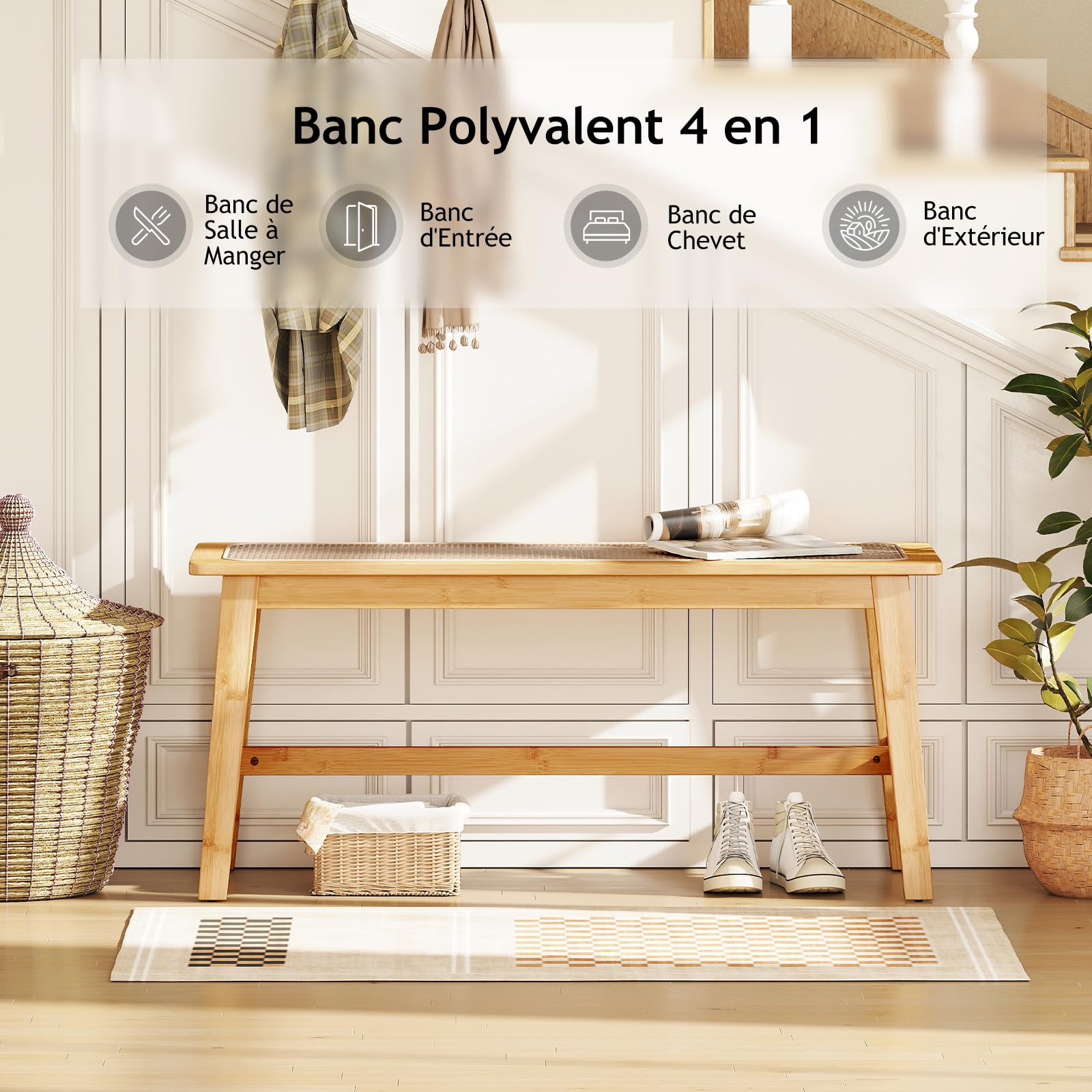 RELAX4LIFE Banc Chaussures Entrée 100 CM en Rotin, Banc Salle à Manger en Bambou Amana Cannage avec Tissé à la Main, Banquette, Bout de Lit pour Entrée Cuisine Salon Chambre Naturel