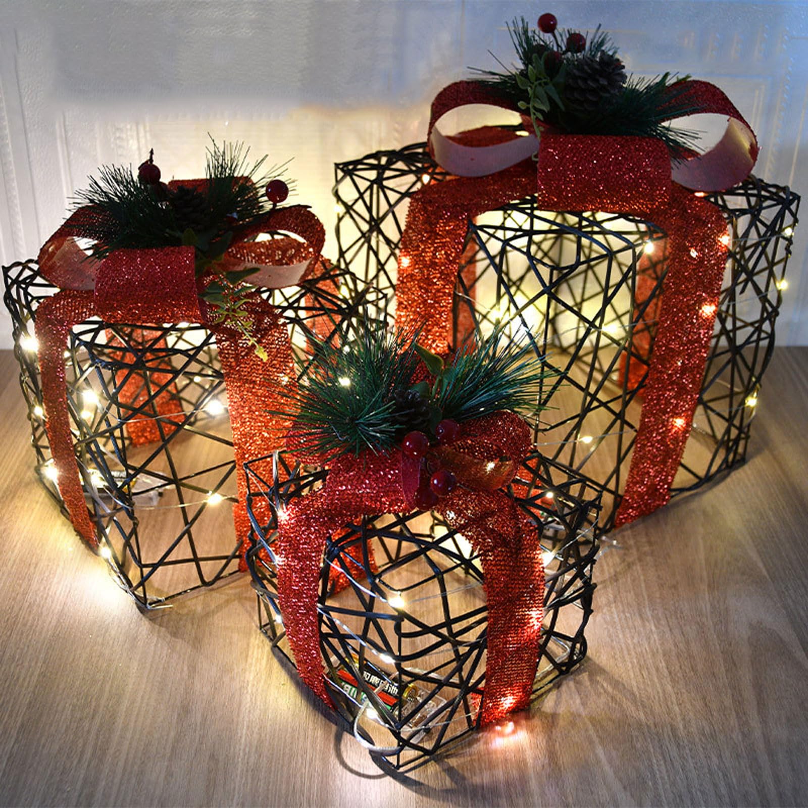 Boîtes de Noël lumineuses élégantes à DEL lot de 3 ornements raffinés pour cour et salon