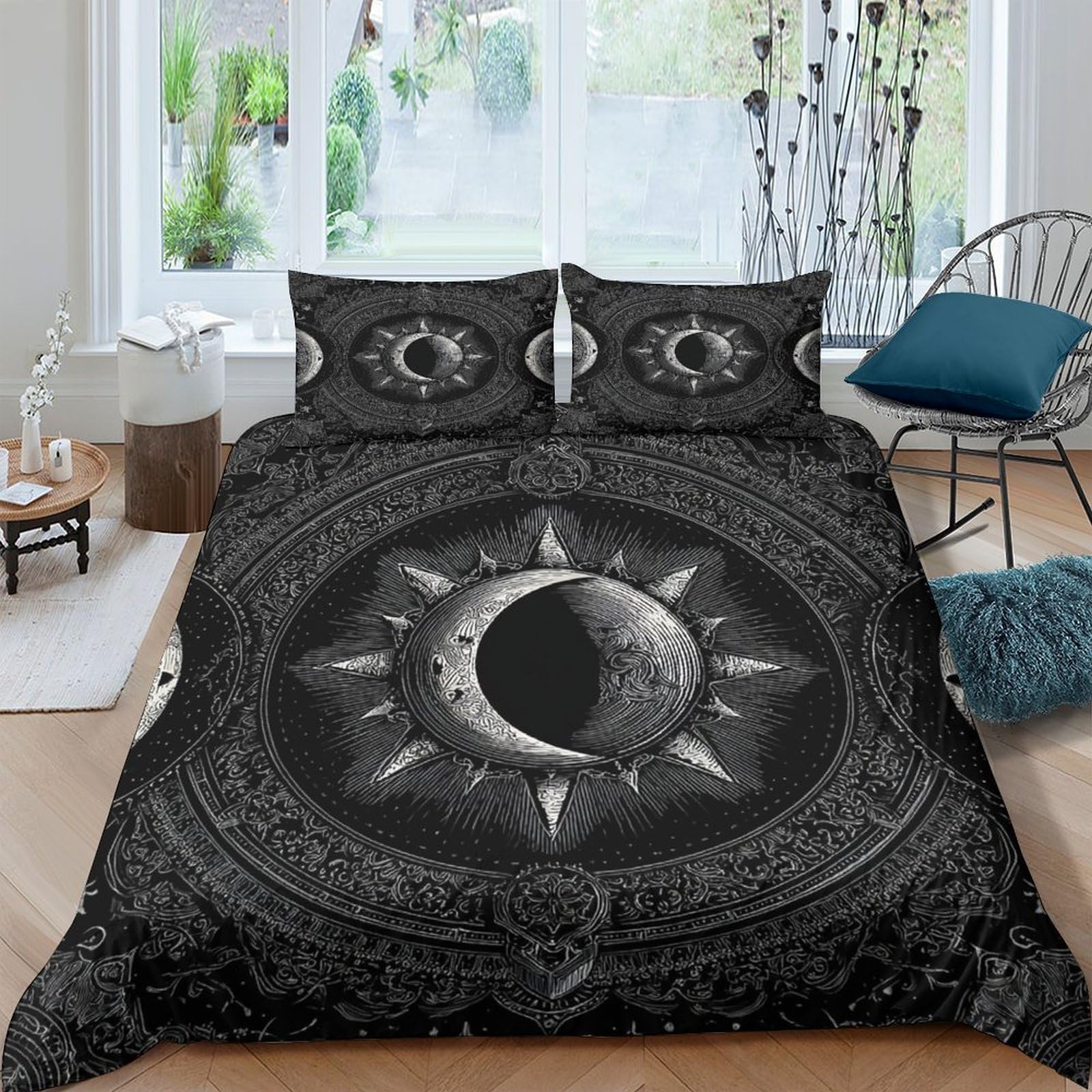 Ctjqhvkz Style-3 3D Printed Black Sun Moon Fitted Sheet Microfiber Soft Gothic Mandala Mattress Cover For Bedroom Decor Single（135X200cm）