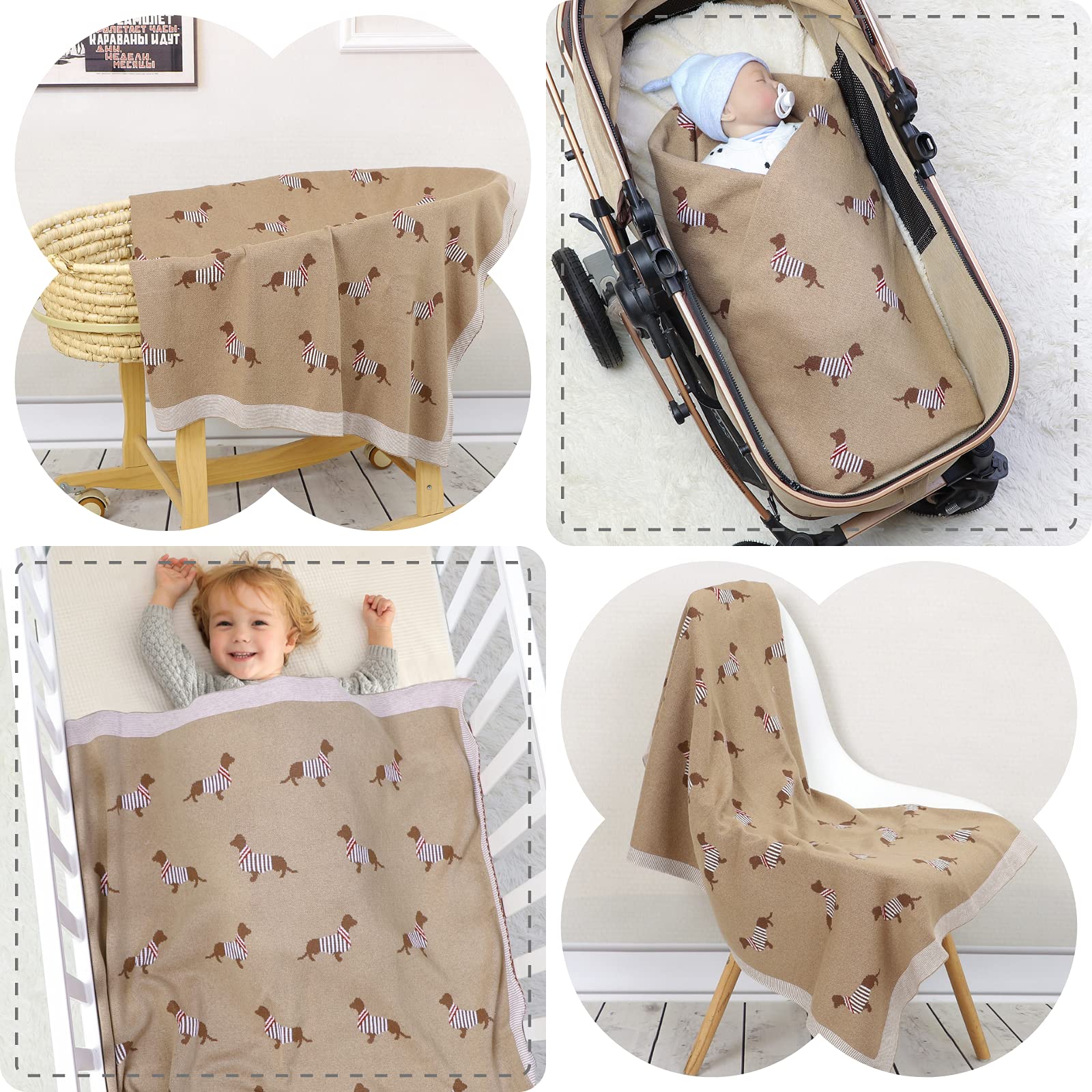 LAWKUL Babydecke 100% Baumwolle Weich Gestrickt Babydecken für Neugeborene Jungen Mädchen Dackel Wursthund 100x80cm Khaki