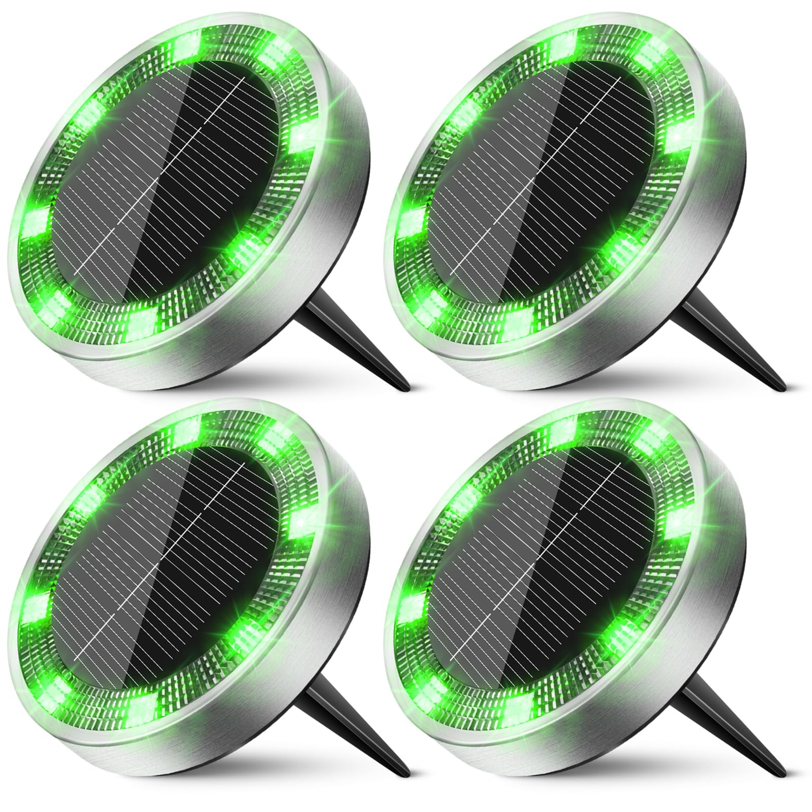 Peasur Mini Solar Ground Lights Outdoor, 4 Pack Flat Solar Powered Disc Lights, IP68 Waterproof, Anti-Rust, Landscape Lighting for Pathway Garden Yard Lawn Walkway Landscape Driveway, Green